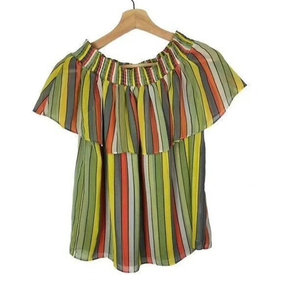 Cabi Maravilla Carnival Rainbow Stripe Off Shoulder Short Sleeve Blouse #5389 S - Picture 2 of 6